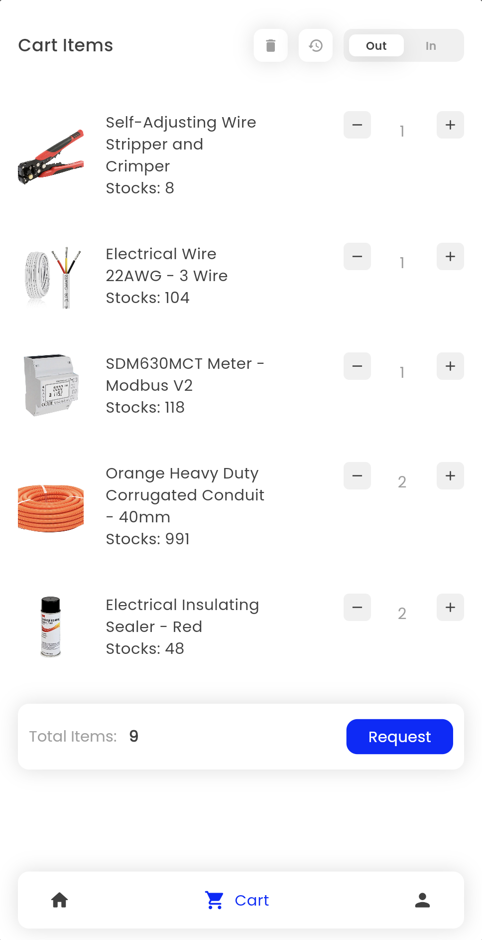The Elise cart screen: items queued for release with quantities, an in and out toggle, a running item total and a request button.