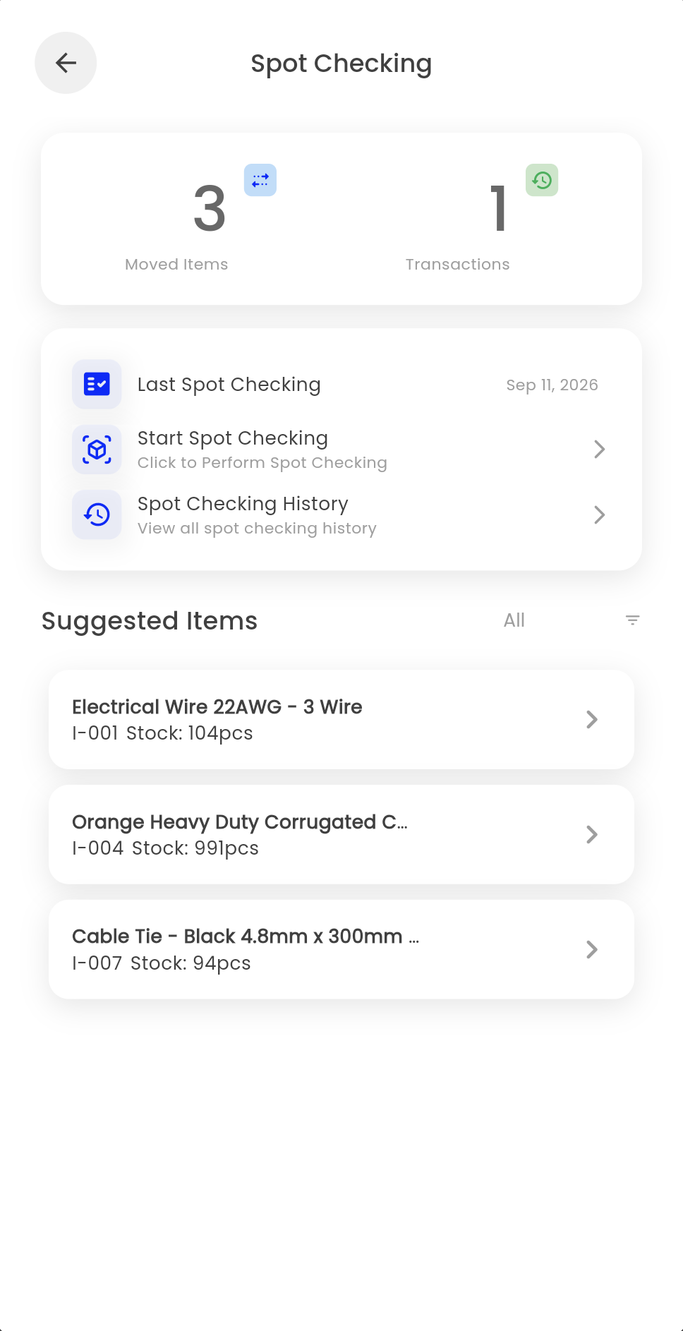 The Elise spot checking screen: moved items and transaction counts, the date of the last check, a start button, history, and suggested items to count.